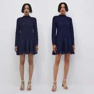 NWT Jonathan Simkhai Joy Navy Mini Dress Sz 2 Midnight Guipure Lace Scallop Hem